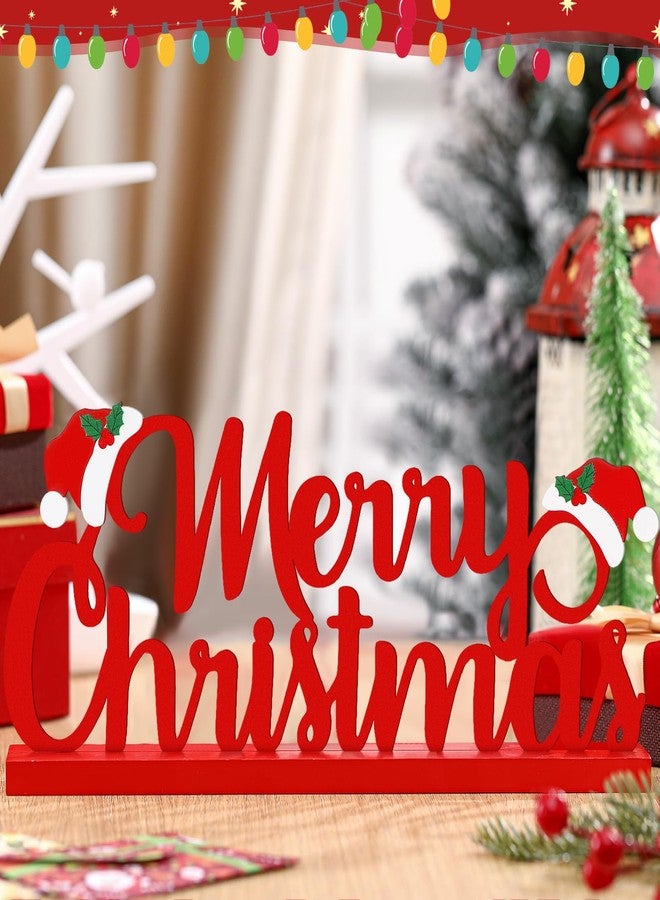 Realspring Merry Christmas Metal Sign Red Christmas Table Decoration Xmas Tiered Tray Decor Freestanding Metal Word Sign with Wooden Base for Xmas Home Tabletop Centerpiece Mantel Fireplace - Image 5